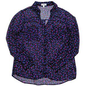 Express Portofino Floral Button Up Blouse Women’s L Roll Tab Sleeve Work Office